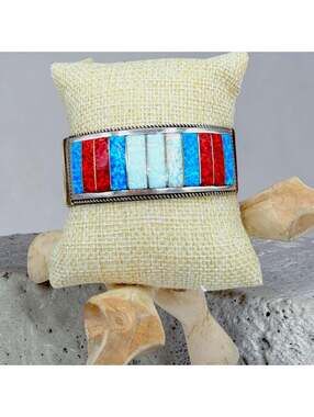 Red, White, And Blue OOAK Fire Opal Emery Lalacita Zuni Inlay Cuff